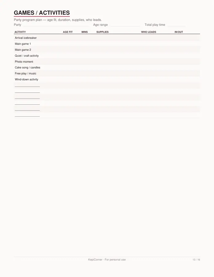 Birthday Party Planner printable – page 13 of 16, rendered from Birthday-Party-Planner-Letter.pdf