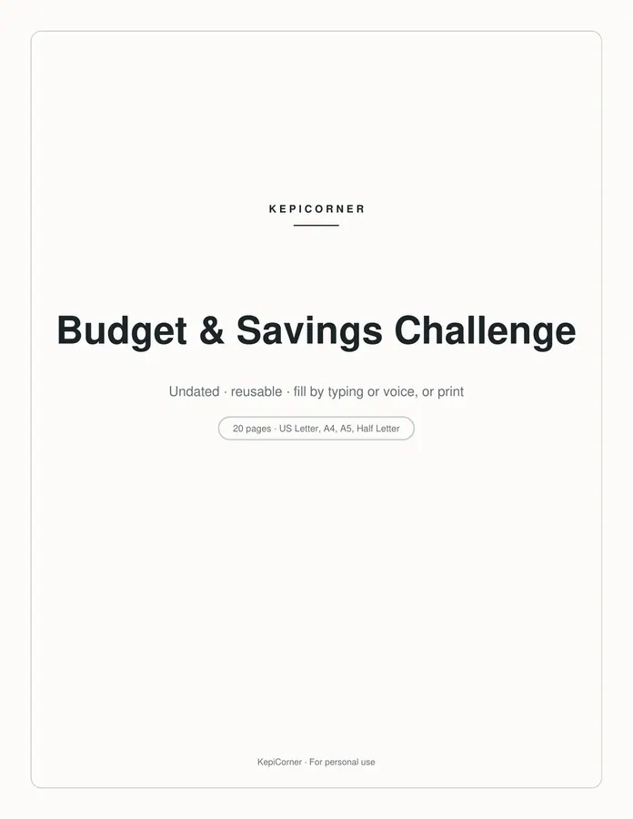 Budget & Savings Challenge printable – page 1 of 20, rendered from Budget-Savings-Challenge-Pack-Letter.pdf