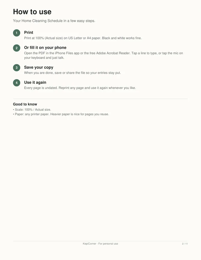 Cleaning Schedule printable – page 2 of 11, rendered from Cleaning-Schedule-Pack-Letter.pdf