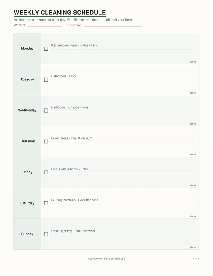 Cleaning Schedule printable – page 4 of 11, rendered from Cleaning-Schedule-Pack-Letter.pdf