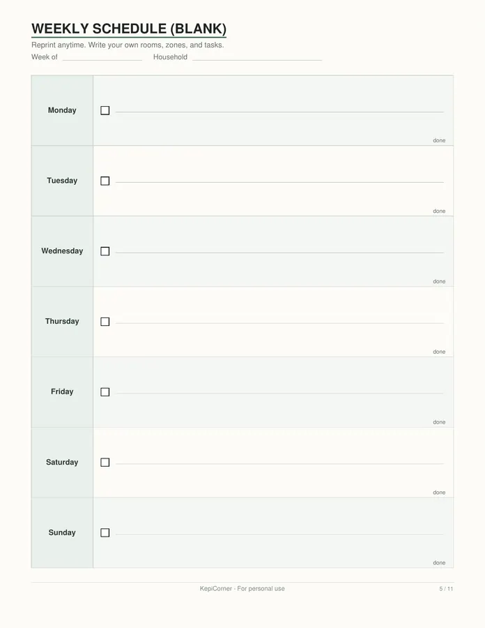 Cleaning Schedule printable – page 5 of 11, rendered from Cleaning-Schedule-Pack-Letter.pdf