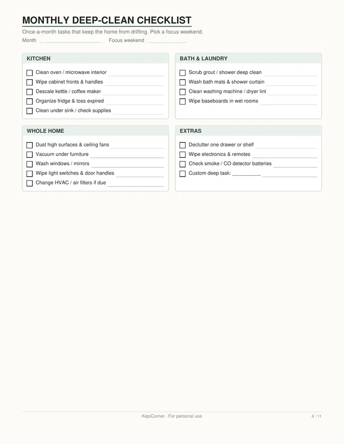 Cleaning Schedule printable – page 6 of 11, rendered from Cleaning-Schedule-Pack-Letter.pdf