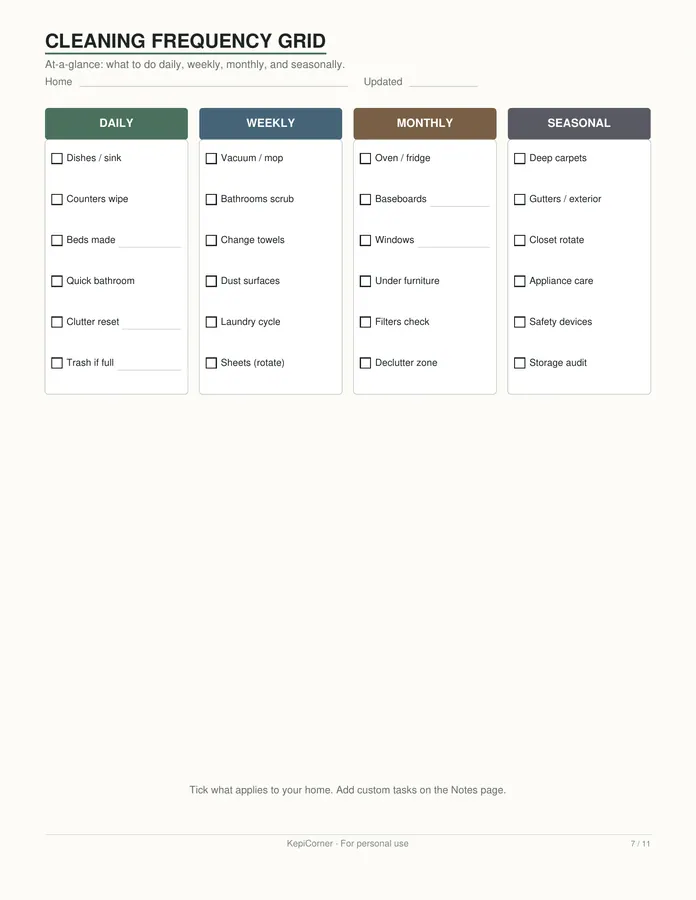 Cleaning Schedule printable – page 7 of 11, rendered from Cleaning-Schedule-Pack-Letter.pdf