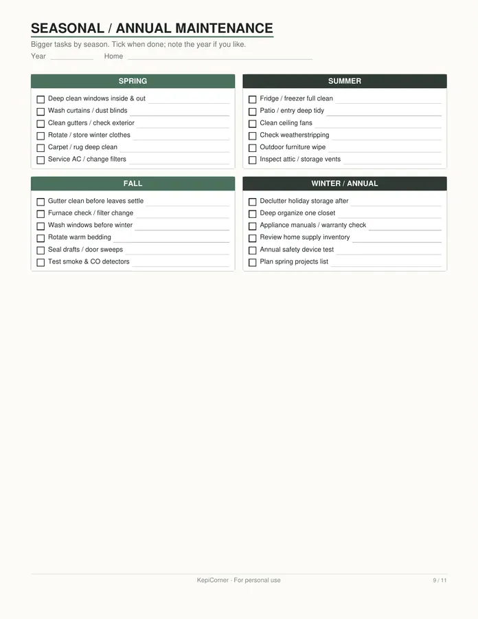Cleaning Schedule printable – page 9 of 11, rendered from Cleaning-Schedule-Pack-Letter.pdf