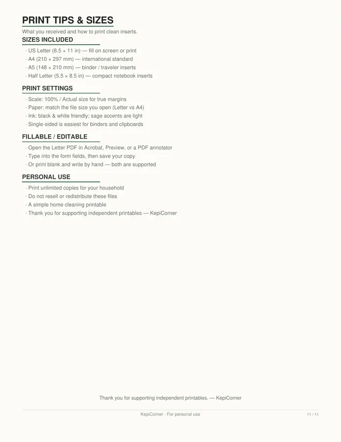 Cleaning Schedule printable – page 11 of 11, rendered from Cleaning-Schedule-Pack-Letter.pdf