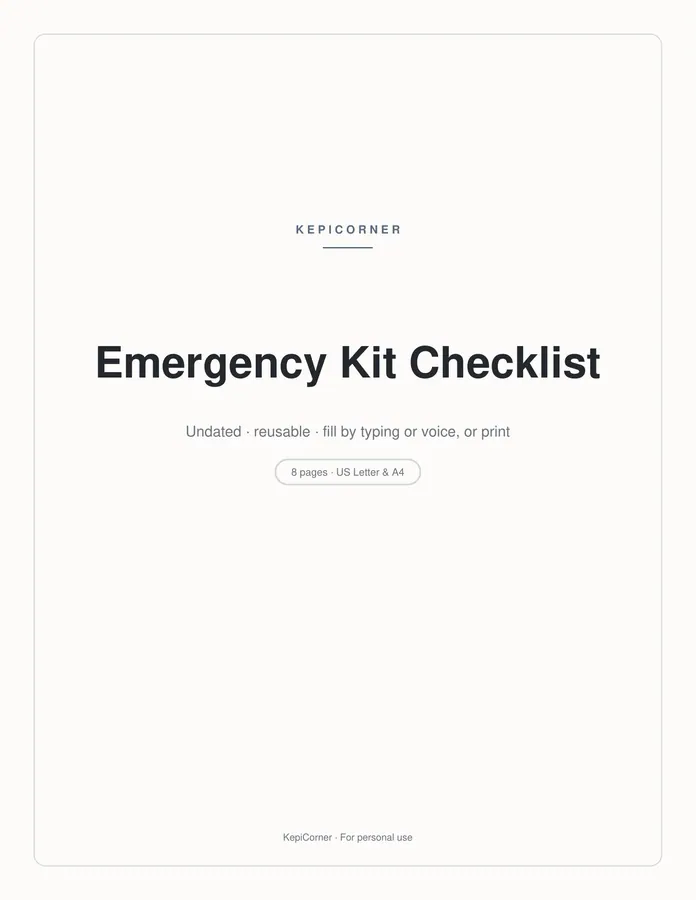 Emergency Kit Checklist printable – page 1 of 8, rendered from Emergency-Kit-Checklist-Letter.pdf