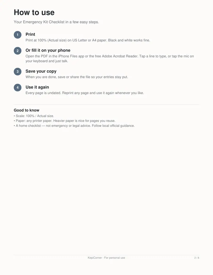 Emergency Kit Checklist printable – page 2 of 8, rendered from Emergency-Kit-Checklist-Letter.pdf