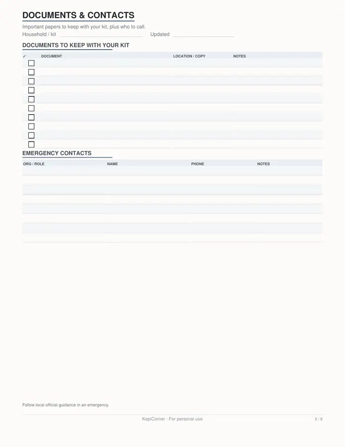 Emergency Kit Checklist printable – page 5 of 8, rendered from Emergency-Kit-Checklist-Letter.pdf