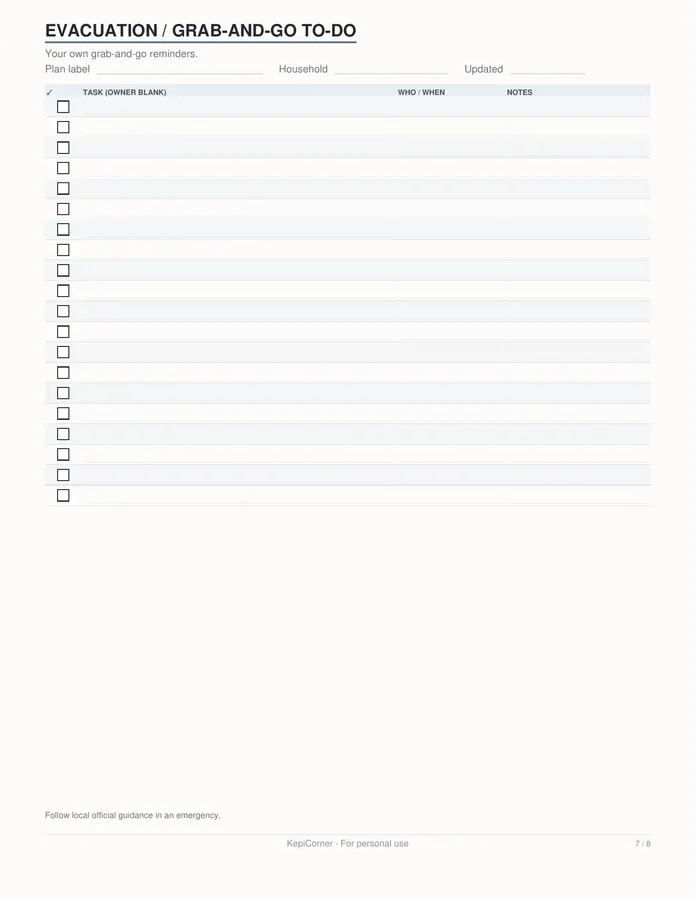 Emergency Kit Checklist printable – page 7 of 8, rendered from Emergency-Kit-Checklist-Letter.pdf