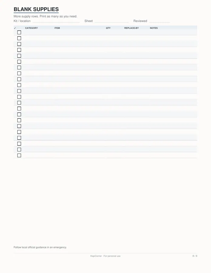 Emergency Kit Checklist printable – page 8 of 8, rendered from Emergency-Kit-Checklist-Letter.pdf