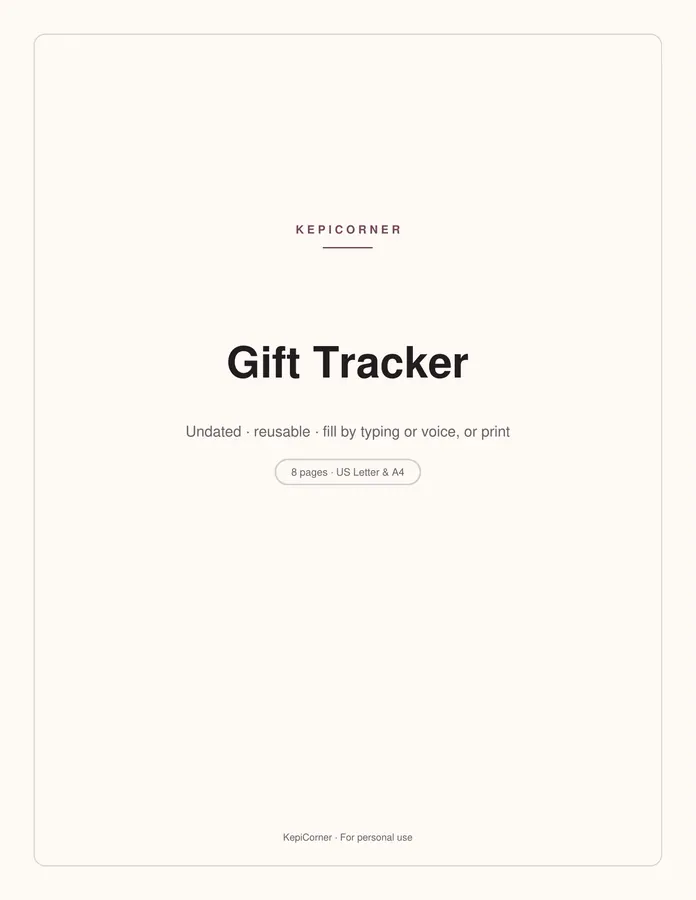 Gift Tracker printable – page 1 of 8, rendered from Gift-Tracker-Letter.pdf