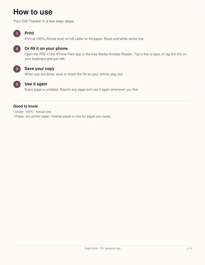 Gift Tracker printable – page 2 of 8, rendered from Gift-Tracker-Letter.pdf