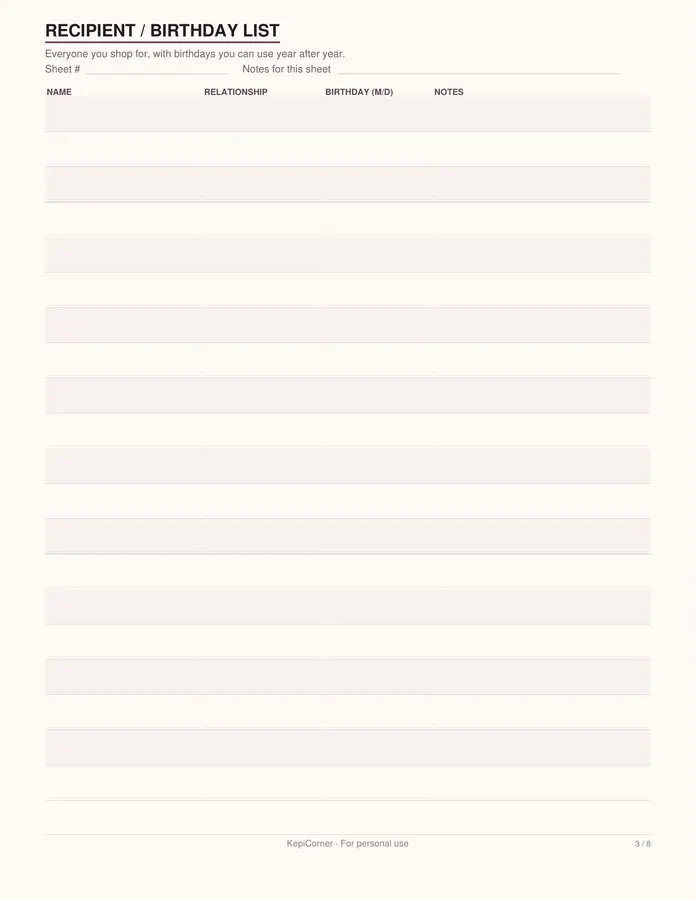 Gift Tracker printable – page 3 of 8, rendered from Gift-Tracker-Letter.pdf