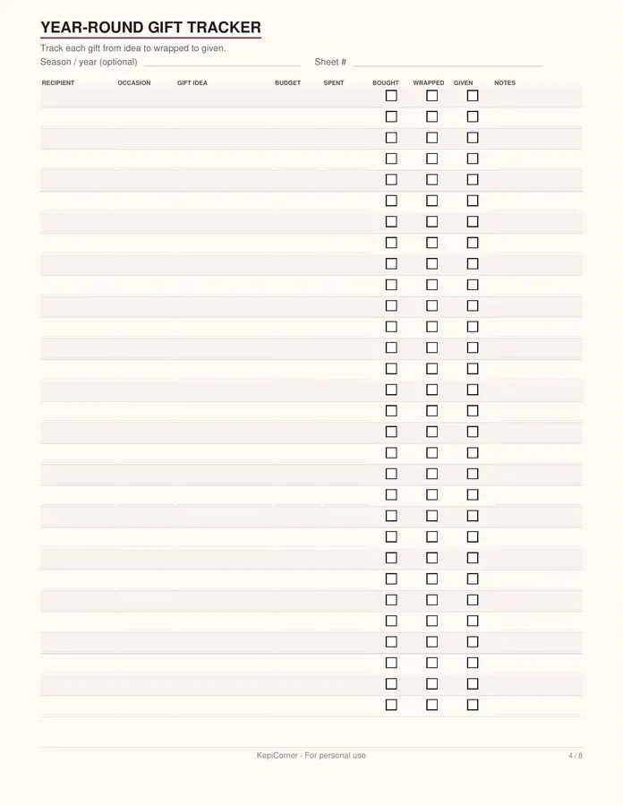 Gift Tracker printable – page 4 of 8, rendered from Gift-Tracker-Letter.pdf