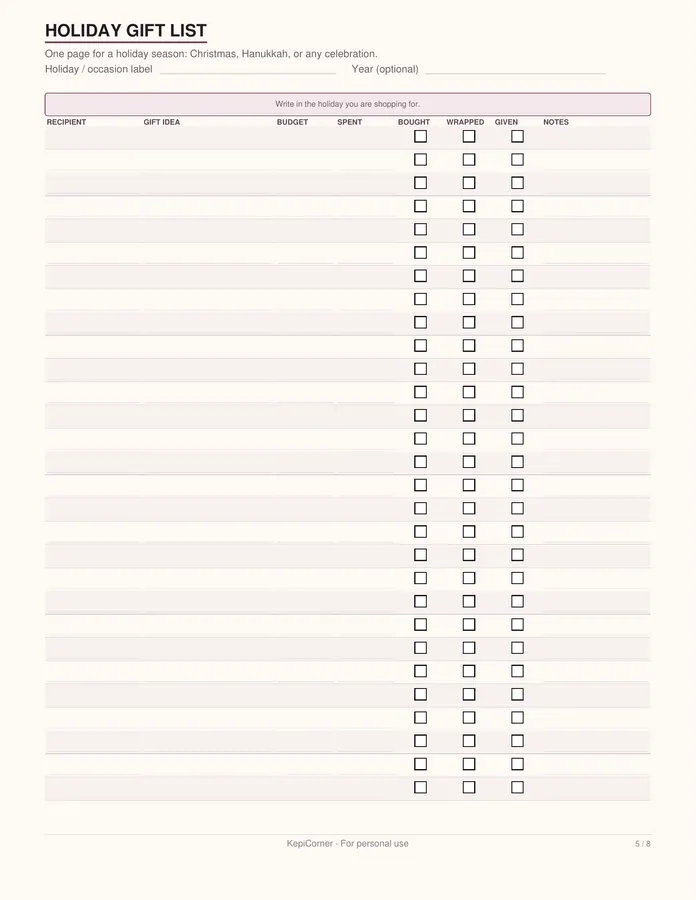 Gift Tracker printable – page 5 of 8, rendered from Gift-Tracker-Letter.pdf