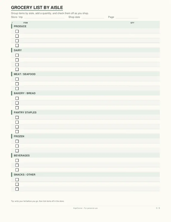 Grocery List printable – page 3 of 8, rendered from Grocery-List-Letter.pdf