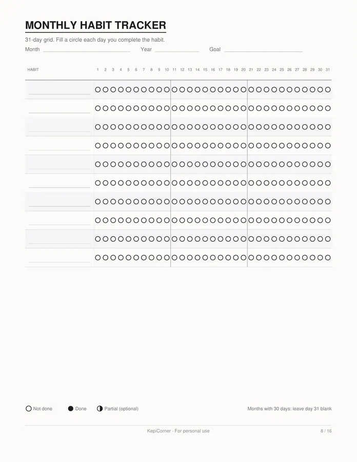 Habit Tracker printable – page 8 of 16, rendered from Habit-Tracker-Pack.pdf