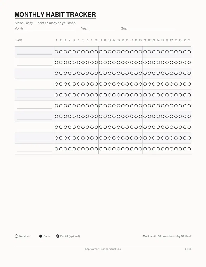 Habit Tracker printable – page 9 of 16, rendered from Habit-Tracker-Pack.pdf