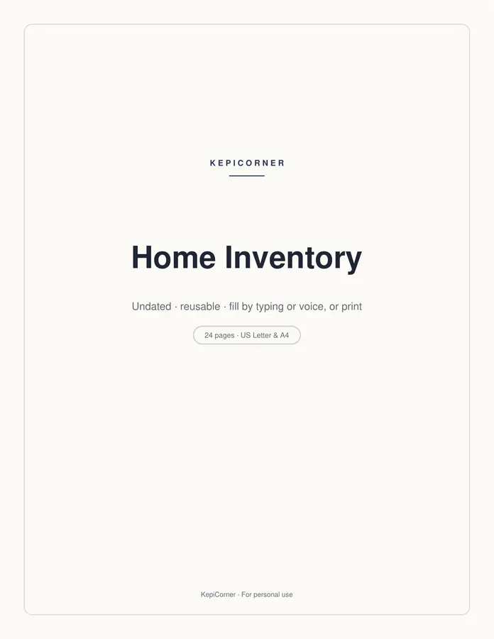 Home Inventory Checklist printable – page 1 of 24, rendered from Home-Inventory-Binder-Letter.pdf