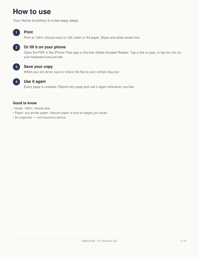 Home Inventory Checklist printable – page 2 of 24, rendered from Home-Inventory-Binder-Letter.pdf