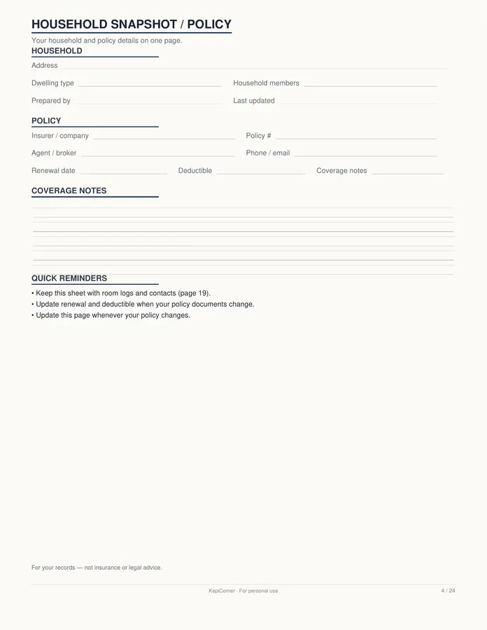 Home Inventory Checklist printable – page 4 of 24, rendered from Home-Inventory-Binder-Letter.pdf