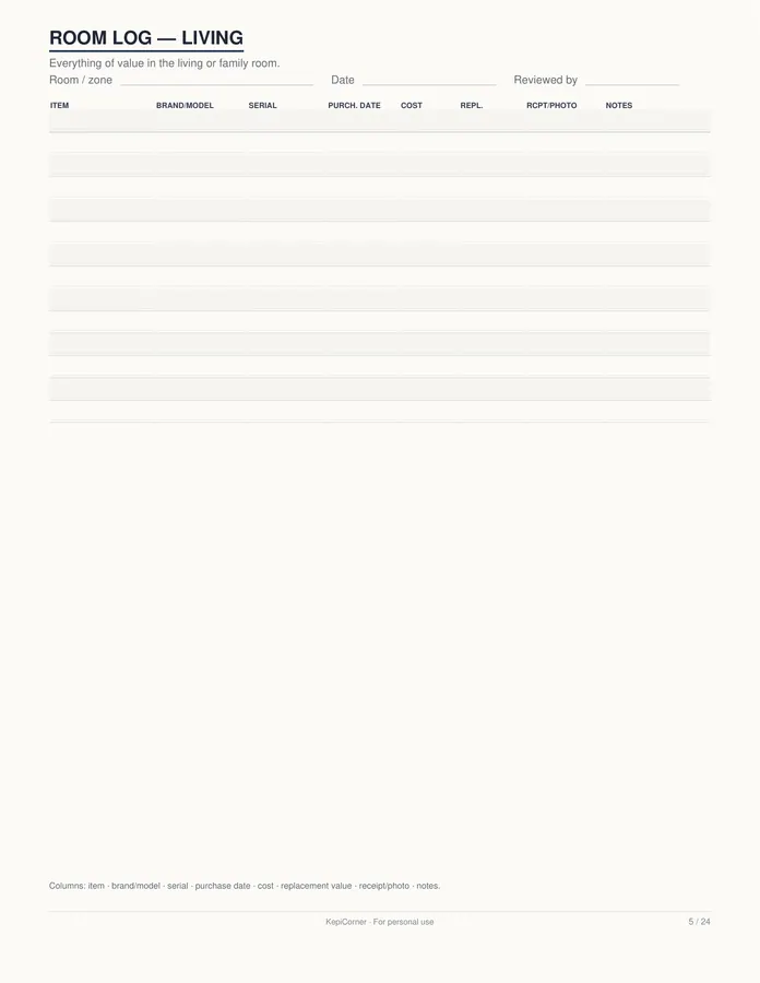 Home Inventory Checklist printable – page 5 of 24, rendered from Home-Inventory-Binder-Letter.pdf
