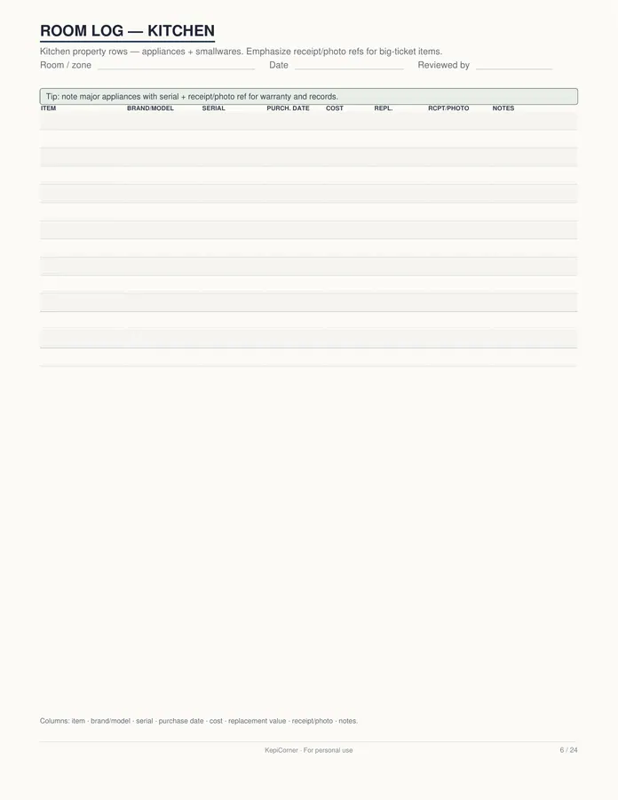 Home Inventory Checklist printable – page 6 of 24, rendered from Home-Inventory-Binder-Letter.pdf