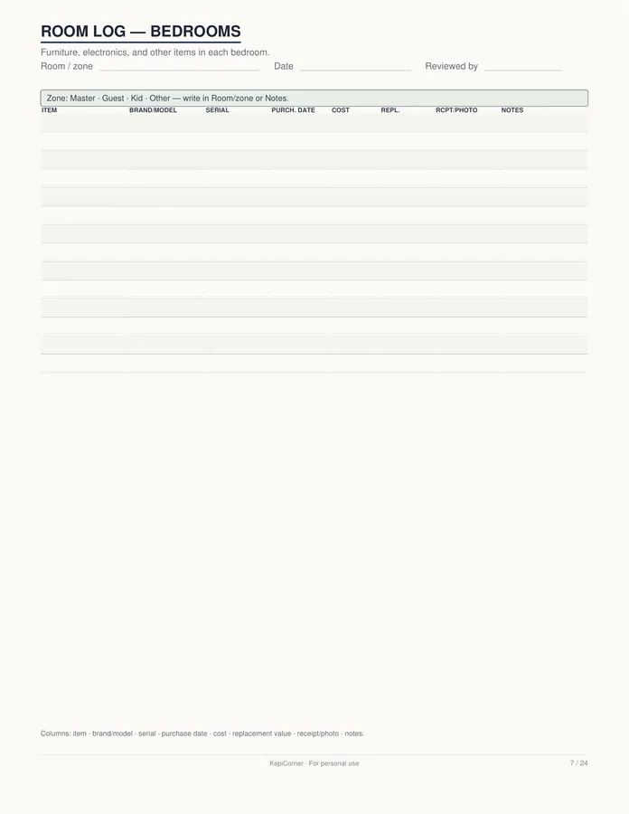 Home Inventory Checklist printable – page 7 of 24, rendered from Home-Inventory-Binder-Letter.pdf