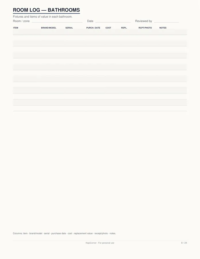 Home Inventory Checklist printable – page 8 of 24, rendered from Home-Inventory-Binder-Letter.pdf