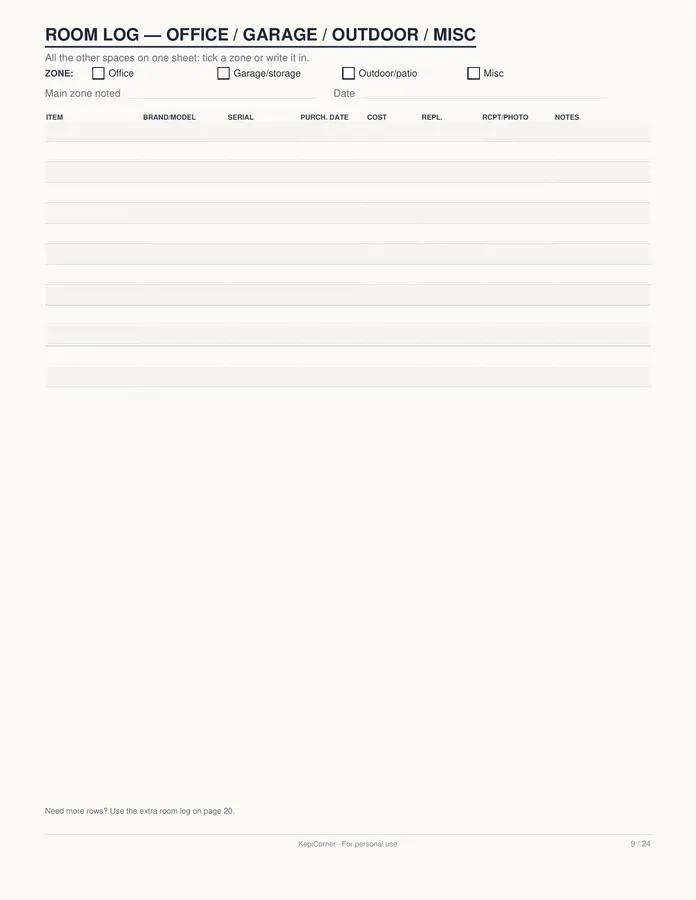 Home Inventory Checklist printable – page 9 of 24, rendered from Home-Inventory-Binder-Letter.pdf