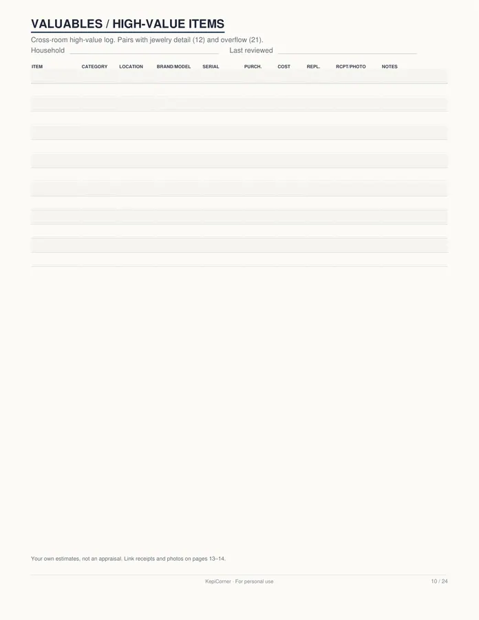 Home Inventory Checklist printable – page 10 of 24, rendered from Home-Inventory-Binder-Letter.pdf