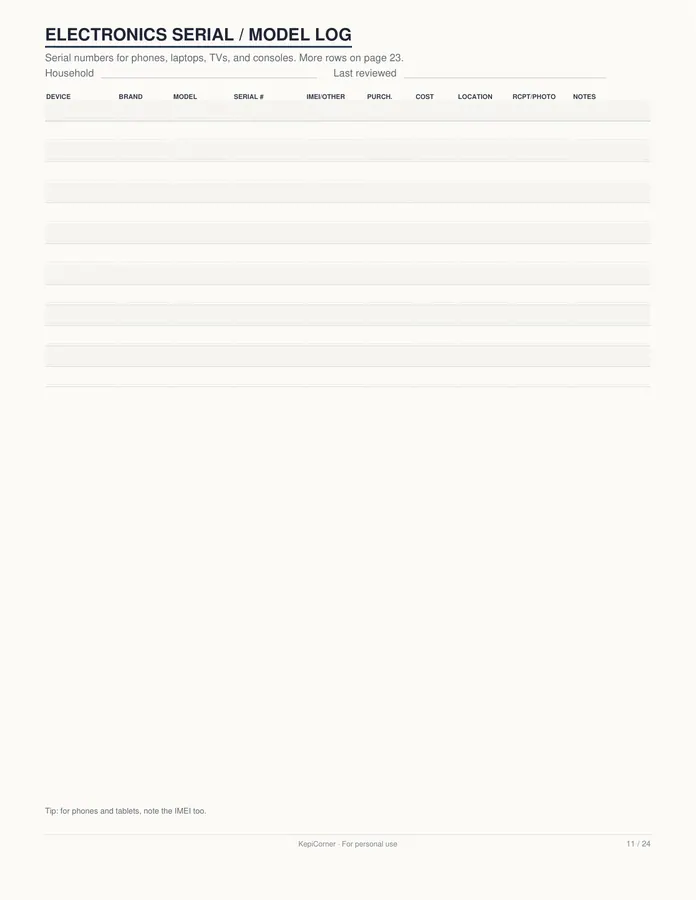 Home Inventory Checklist printable – page 11 of 24, rendered from Home-Inventory-Binder-Letter.pdf