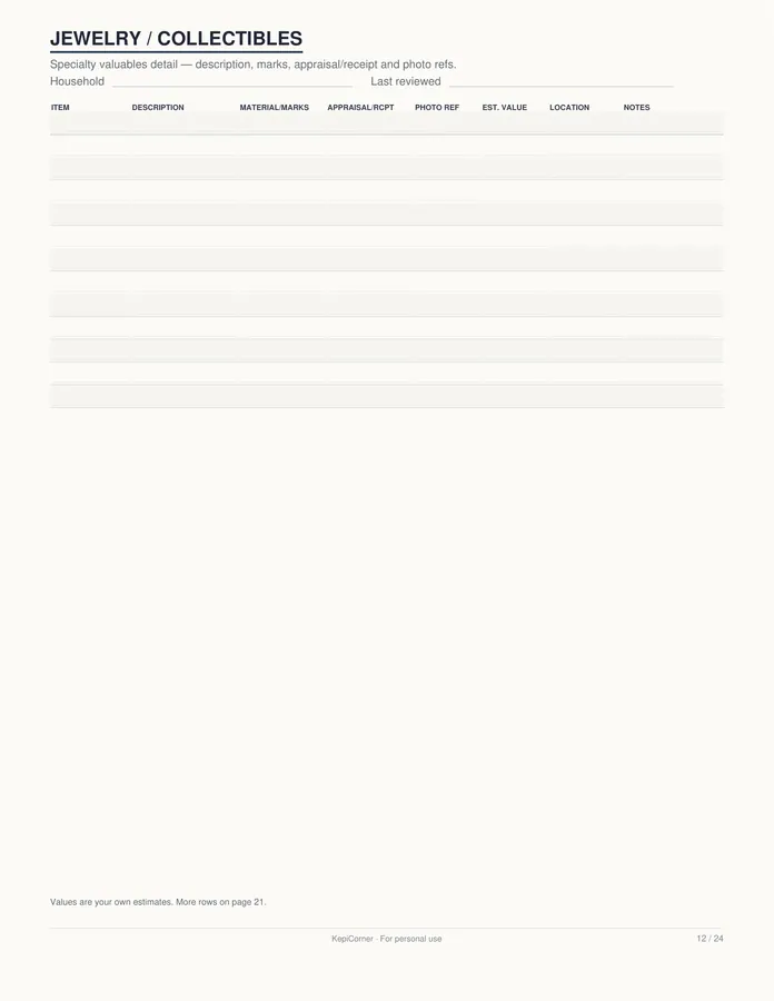 Home Inventory Checklist printable – page 12 of 24, rendered from Home-Inventory-Binder-Letter.pdf