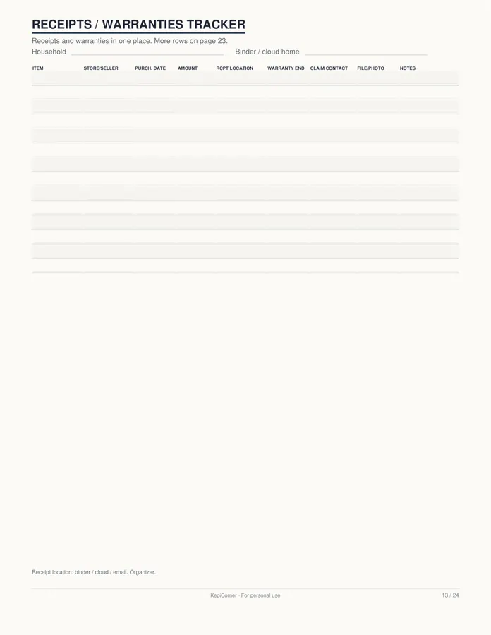 Home Inventory Checklist printable – page 13 of 24, rendered from Home-Inventory-Binder-Letter.pdf