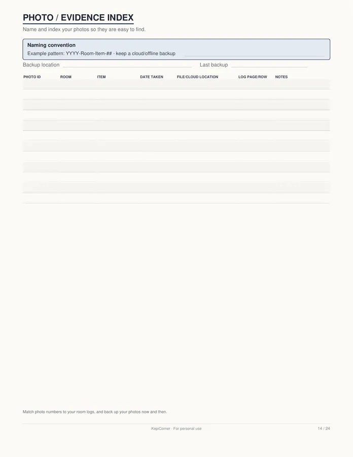 Home Inventory Checklist printable – page 14 of 24, rendered from Home-Inventory-Binder-Letter.pdf