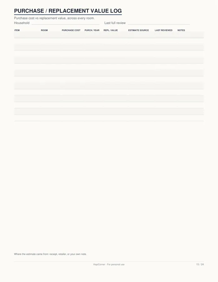 Home Inventory Checklist printable – page 15 of 24, rendered from Home-Inventory-Binder-Letter.pdf