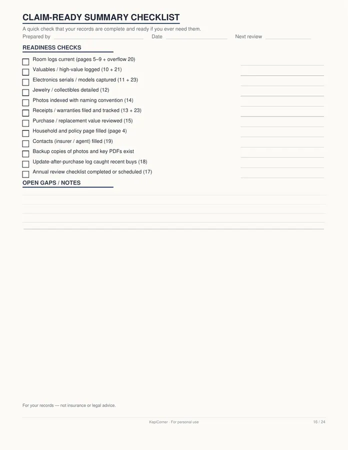 Home Inventory Checklist printable – page 16 of 24, rendered from Home-Inventory-Binder-Letter.pdf