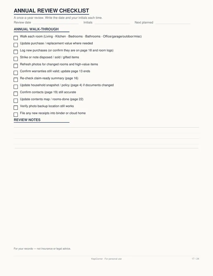 Home Inventory Checklist printable – page 17 of 24, rendered from Home-Inventory-Binder-Letter.pdf