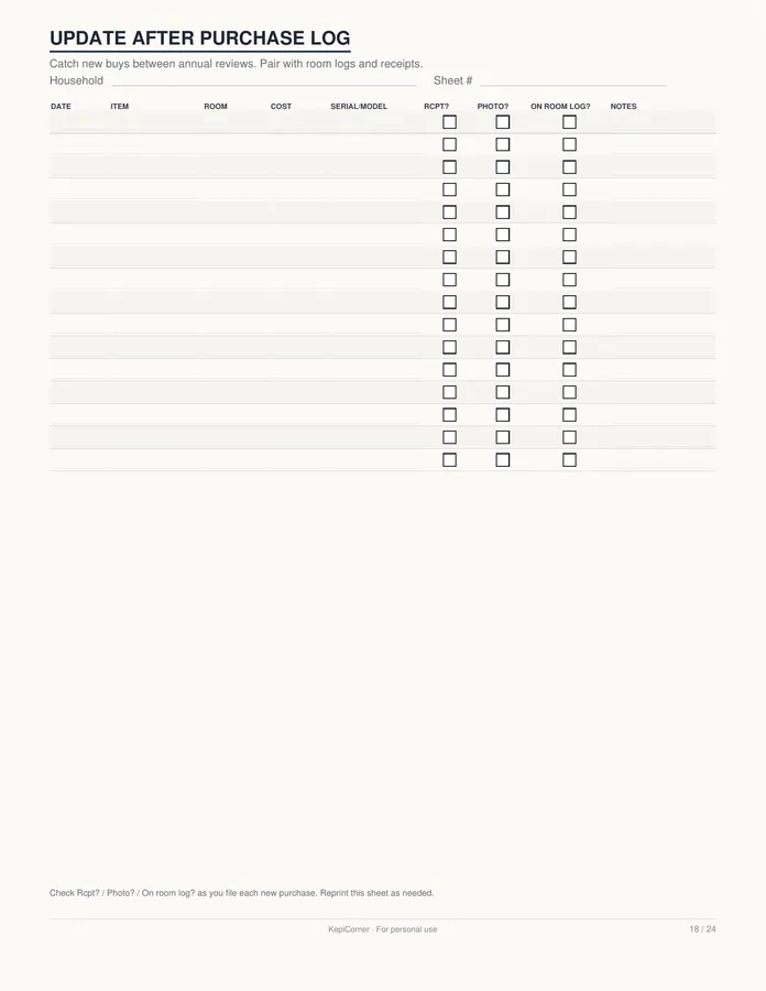 Home Inventory Checklist printable – page 18 of 24, rendered from Home-Inventory-Binder-Letter.pdf