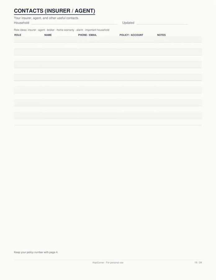 Home Inventory Checklist printable – page 19 of 24, rendered from Home-Inventory-Binder-Letter.pdf