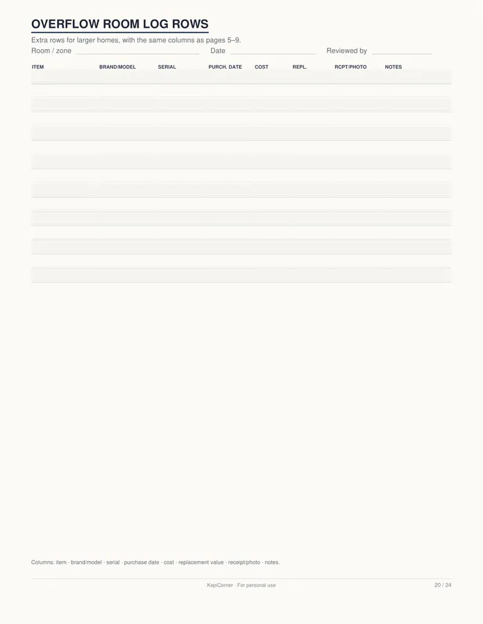Home Inventory Checklist printable – page 20 of 24, rendered from Home-Inventory-Binder-Letter.pdf