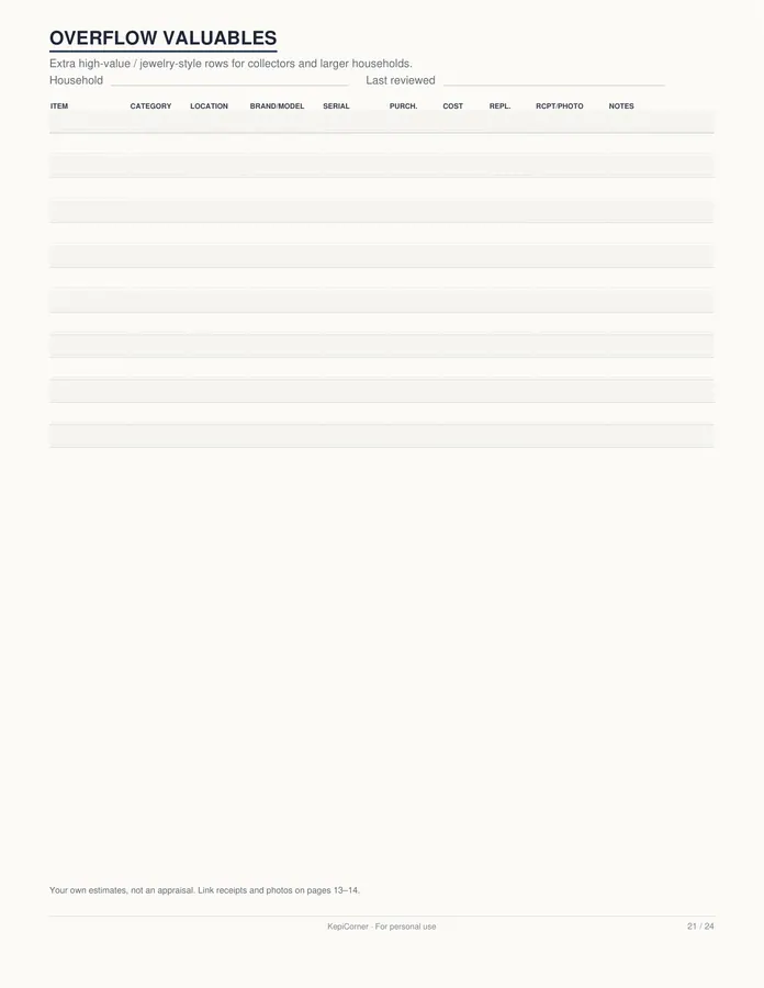 Home Inventory Checklist printable – page 21 of 24, rendered from Home-Inventory-Binder-Letter.pdf