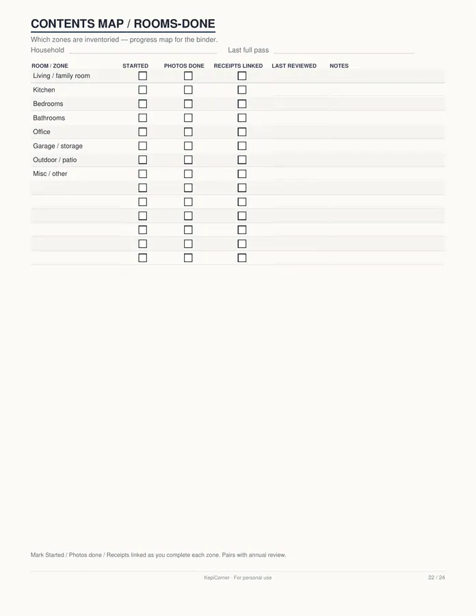 Home Inventory Checklist printable – page 22 of 24, rendered from Home-Inventory-Binder-Letter.pdf