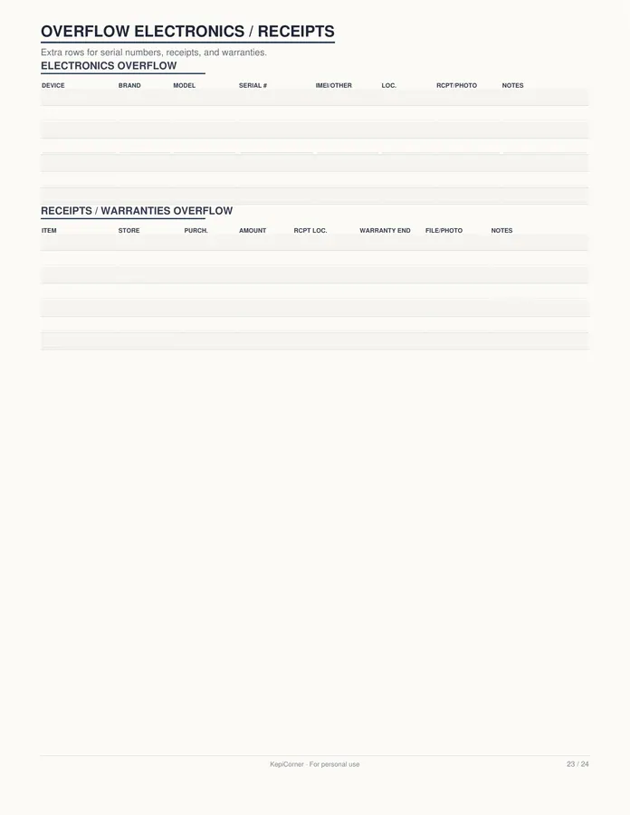 Home Inventory Checklist printable – page 23 of 24, rendered from Home-Inventory-Binder-Letter.pdf