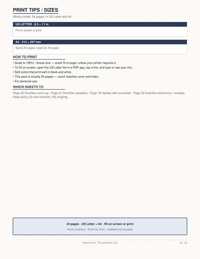 Home Inventory Checklist printable – page 24 of 24, rendered from Home-Inventory-Binder-Letter.pdf