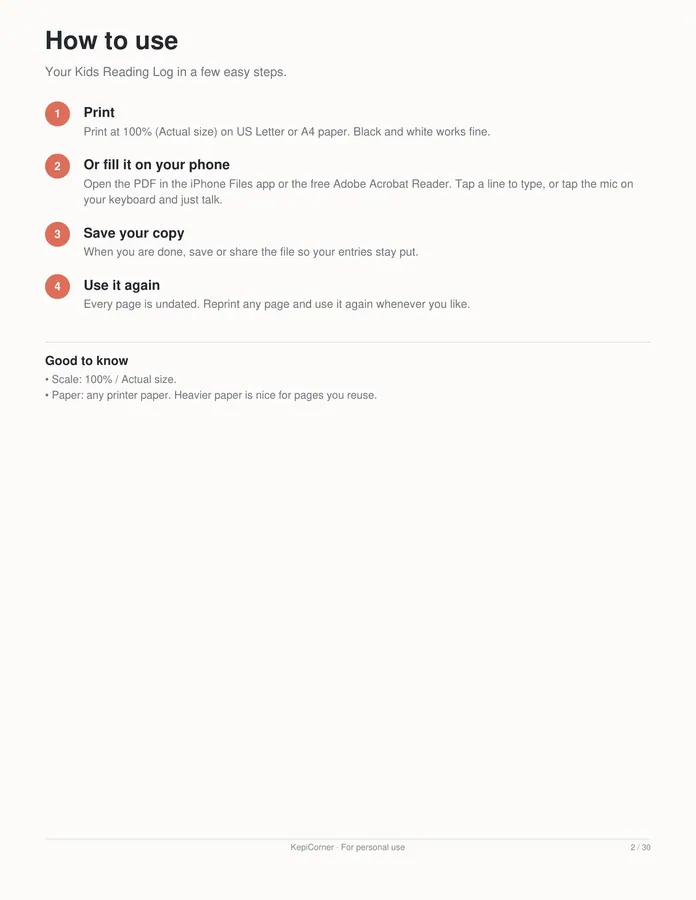 Kids Reading Log printable – page 2 of 30, rendered from Kids-Reading-Log-Book-Tracker-Letter.pdf