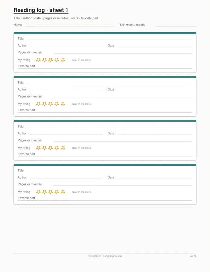 Kids Reading Log printable – page 4 of 30, rendered from Kids-Reading-Log-Book-Tracker-Letter.pdf