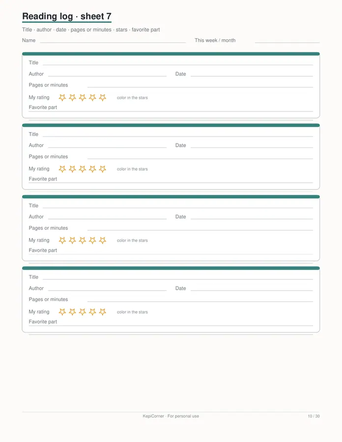 Kids Reading Log printable – page 10 of 30, rendered from Kids-Reading-Log-Book-Tracker-Letter.pdf