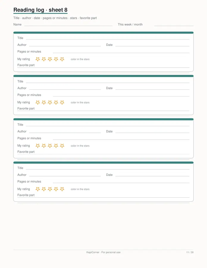Kids Reading Log printable – page 11 of 30, rendered from Kids-Reading-Log-Book-Tracker-Letter.pdf