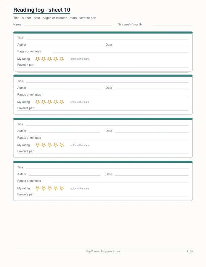 Kids Reading Log printable – page 13 of 30, rendered from Kids-Reading-Log-Book-Tracker-Letter.pdf